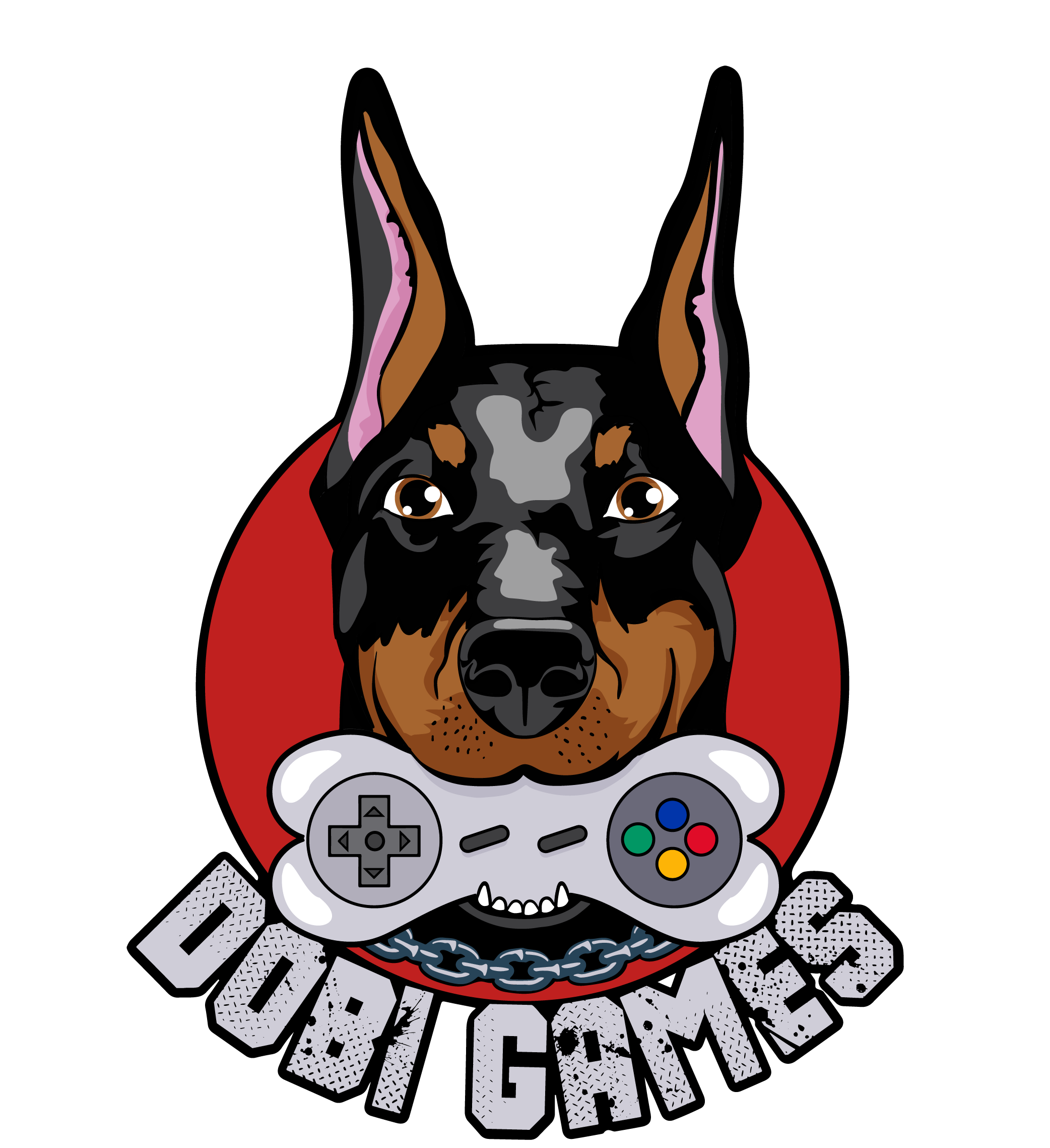 Dobi Games maskotu — kontrol kolu tutan doberman